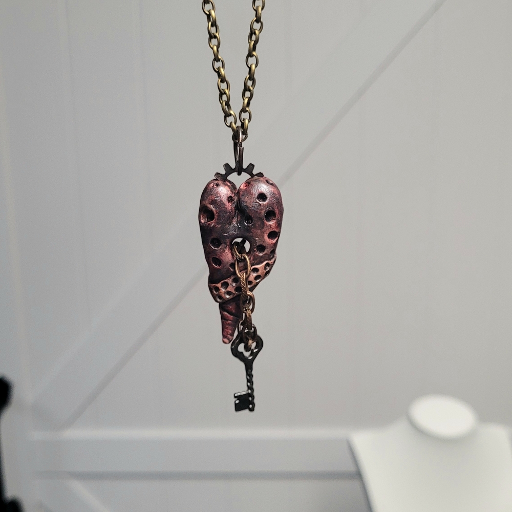 Steampunk Unique Heart Pinkish Red Black Key Pendant Necklace NWT